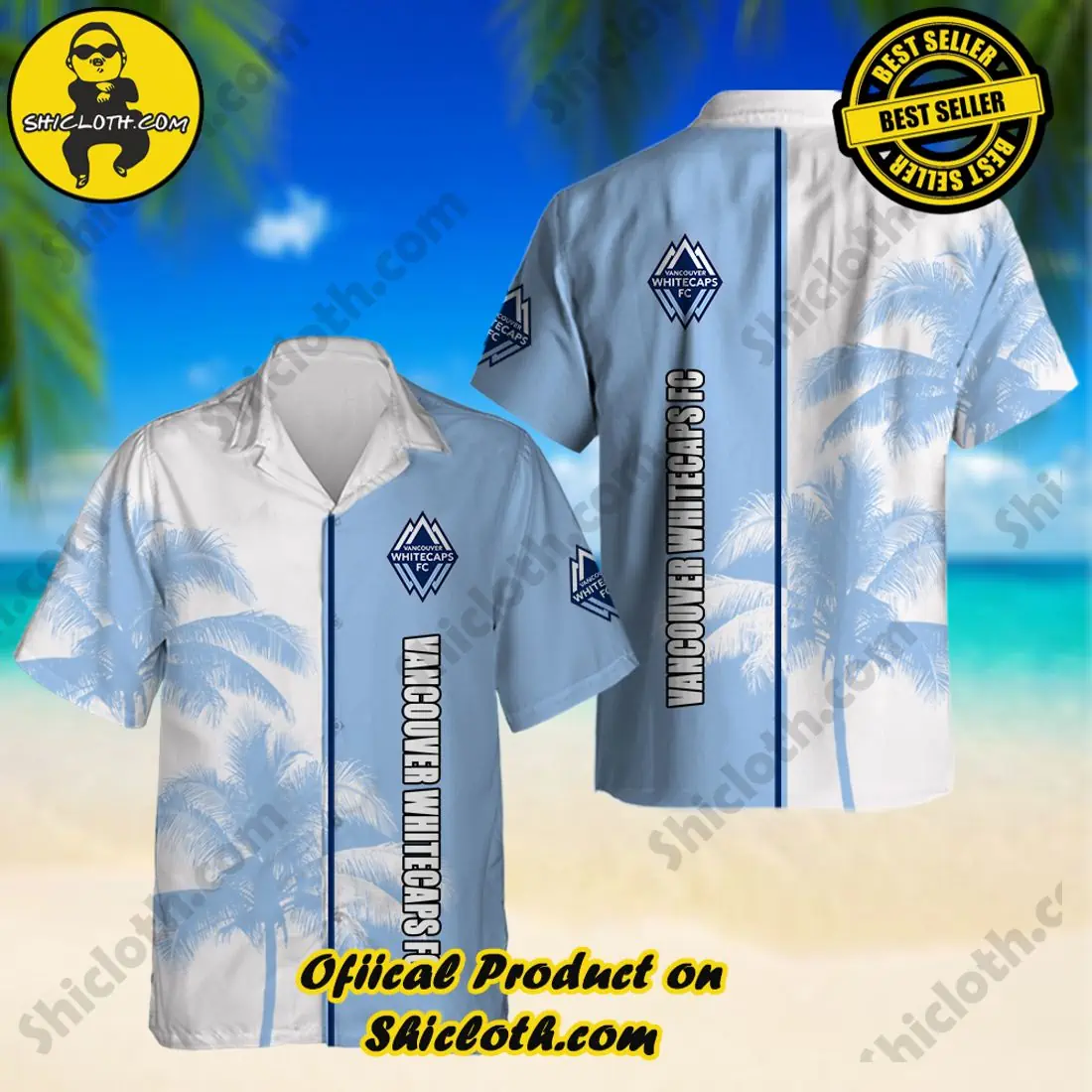 Vancouver Whitecaps FC tropical shirt displayed on beach background with Shicloth branding!