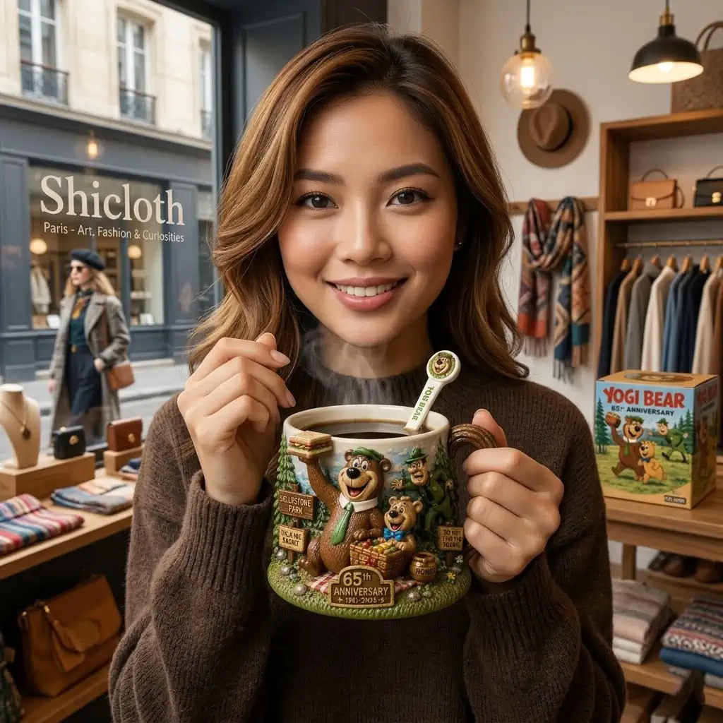 This image showcases a highly detailed Yogi Bear anniversary collector mug presented beside its matching themed packaging from Shicloth! The design highlights Yogi Bear enjoying a picnic scene inspired by Jellystone Park while featuring textured artwork and collectible charm for fans and mug collectors alike!