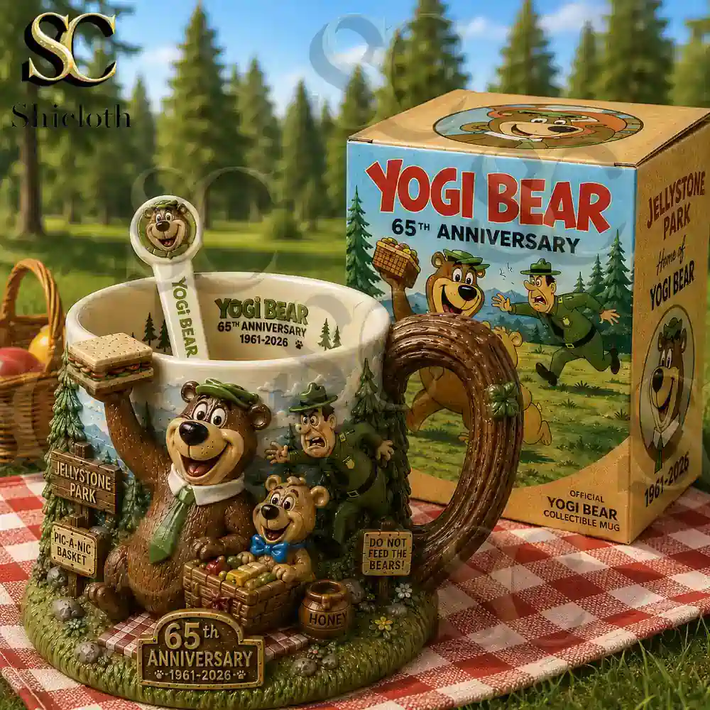 Yogi Bear 65th Anniversary Collector Mug 3 Yogi Bear collector mug on outdoor picnic table by Shicloth!