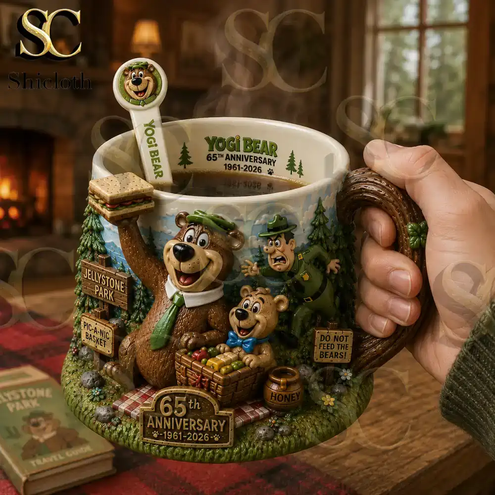 Yogi Bear 65th Anniversary Collector Mug 4 Hand holding Yogi Bear anniversary mug near fireplace by Shicloth!