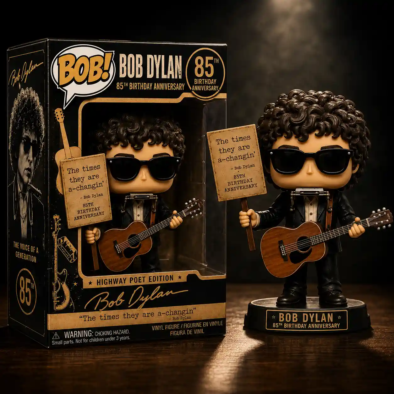 Young Greenwich Village Bob Dylan 85th Birthday Anniversary Edition Funko Pop! Figure 4 A Bob Dylan Highway Poet edition vinyl figure stands holding an acoustic guitar and a sign! He has sunglasses and a harmonica visible! The figure is placed next to its detailed collector box! The entire display is shown in a clean studio setting with a dark textured background and focused lighting from above!