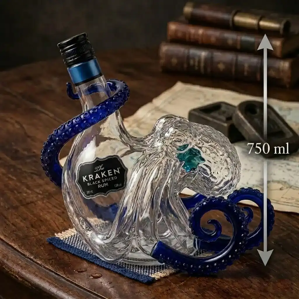 Large octopus shaped Kraken rum bottle with blue tentacles on wooden table!