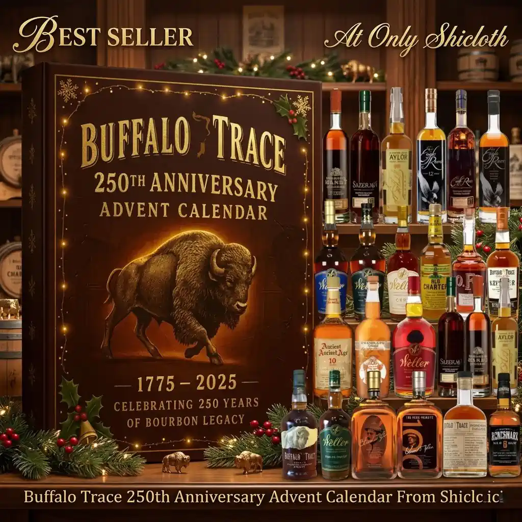 Buffalo Trace anniversary advent calendar surrounded by premium bourbon bottles!