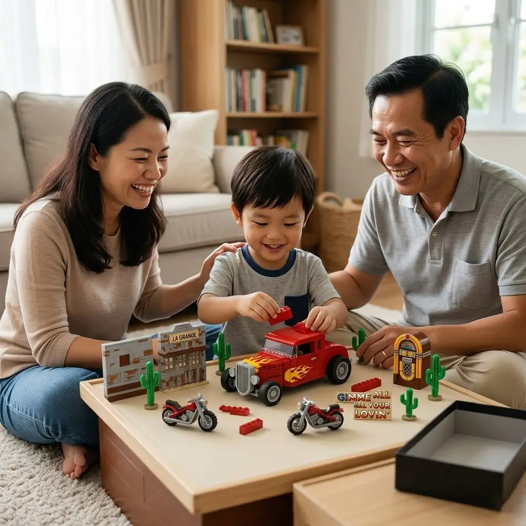 Family playing together with construction brick toys at home