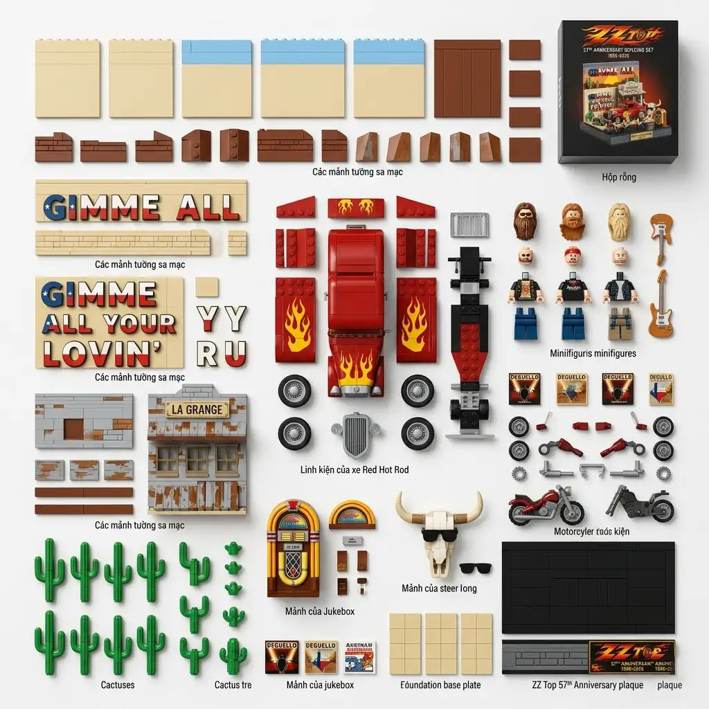 Components and building parts for a ZZ Top themed construction toy set featuring a hot rod, jukebox, and desert elements.