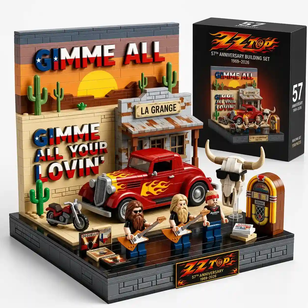 ZZ Top 57th Anniversary Building Brick Set 3 ZZ Top 57th Anniversary brick-built music diorama with mini-figures and classic red hot rod