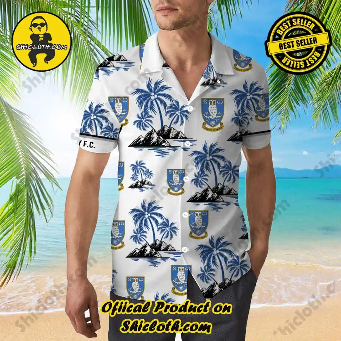 Man wearing tropical palm tree print shirt on beach background!