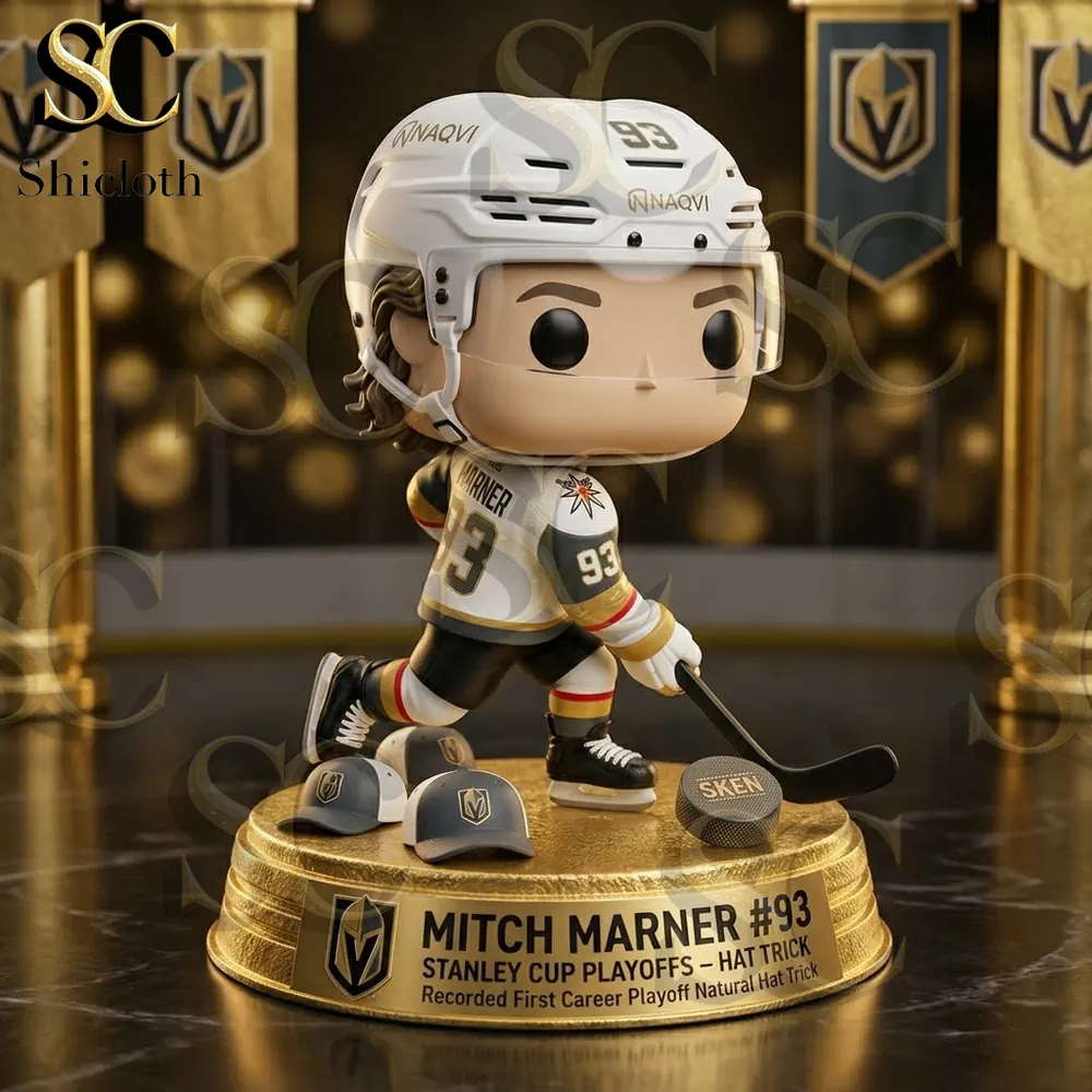Mitch Marner hockey figure on golden display base with Vegas banners in background!