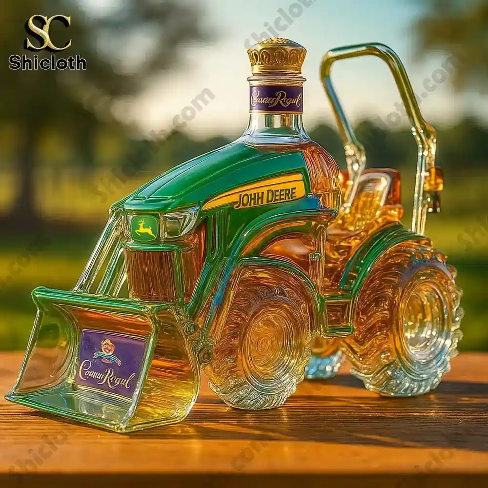 green glass tractor bottle with crown royal label on wooden surface outdoors!