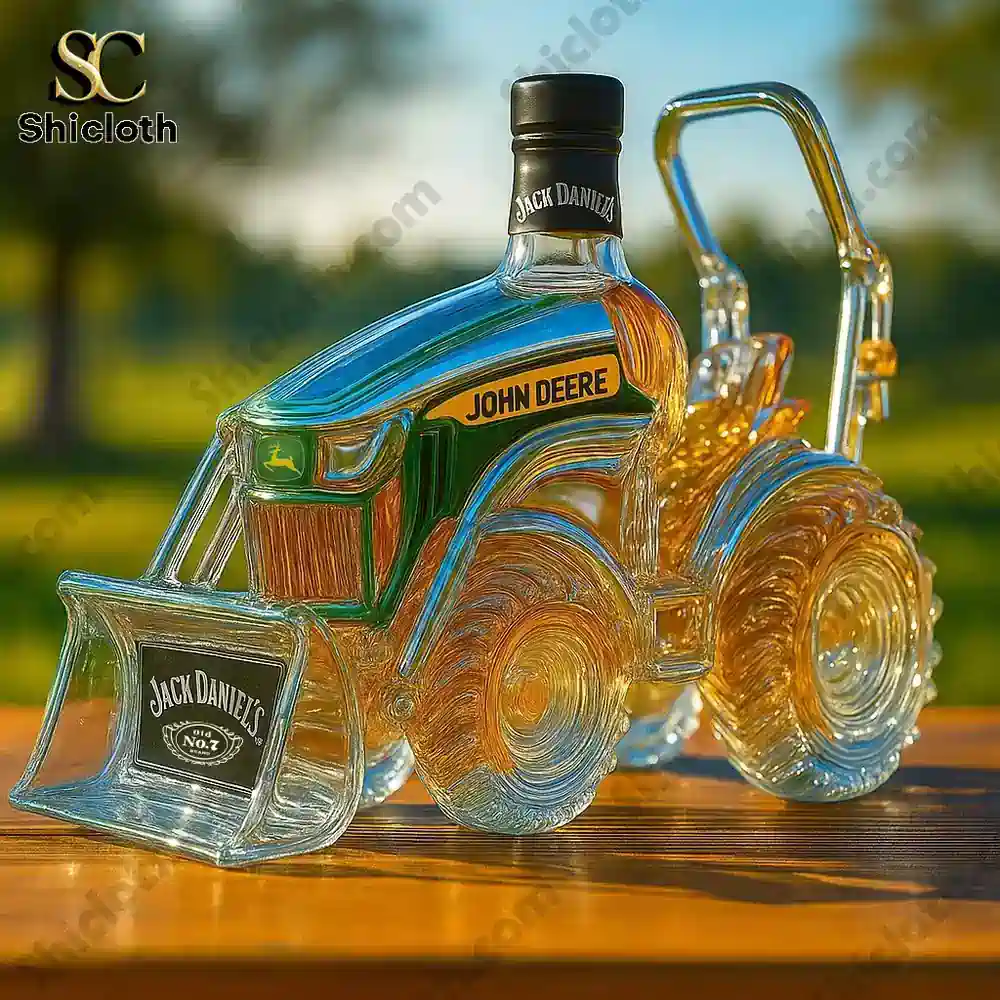 John Deere Tractor Crown Royal Edition Whisky Bottle 3 glass tractor bottle with jack daniels style label placed outdoors on wooden table!