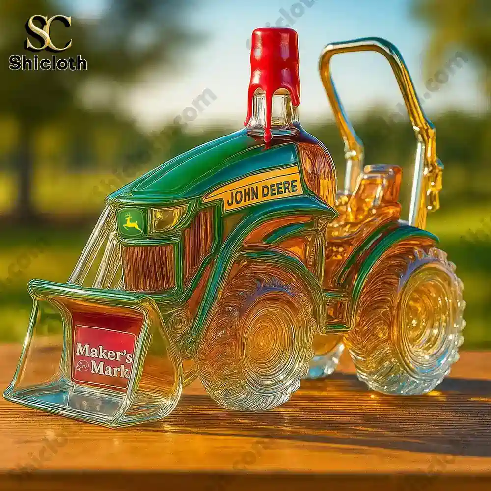 John Deere Tractor Crown Royal Edition Whisky Bottle 4 glass tractor bottle with makers mark inspired red wax top on wooden surface outdoors!