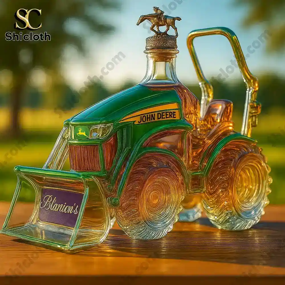 John Deere Tractor Crown Royal Edition Whisky Bottle 5 glass tractor bottle with horse topper and blanton inspired label on wooden table outdoors!