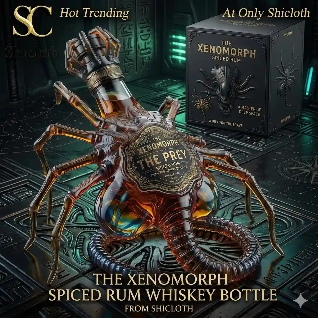 Xenomorph inspired spiced rum bottle shaped like an alien creature with dark futuristic background!