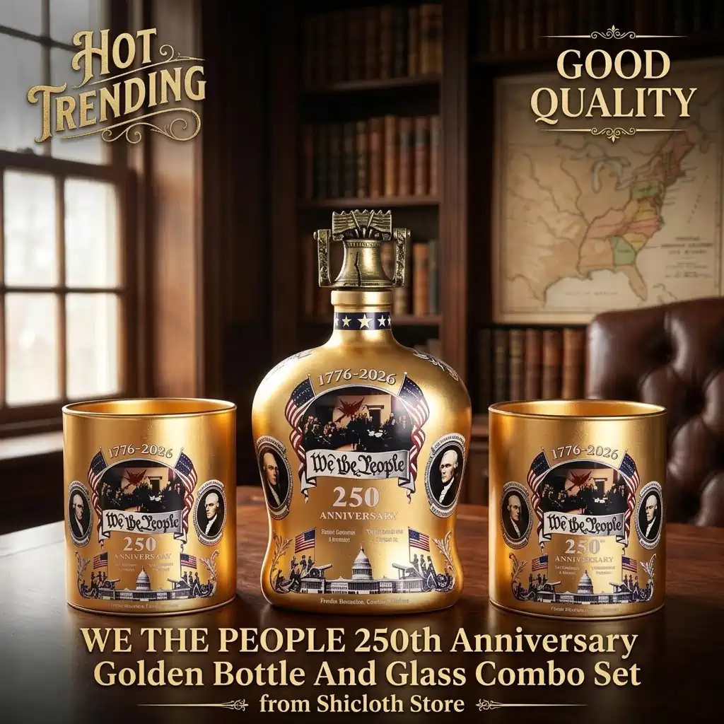 We The People 250th Anniversary Golden Bottle And Glass Combo Set 4 We The People golden bottle and glass combo set at Shicloth!