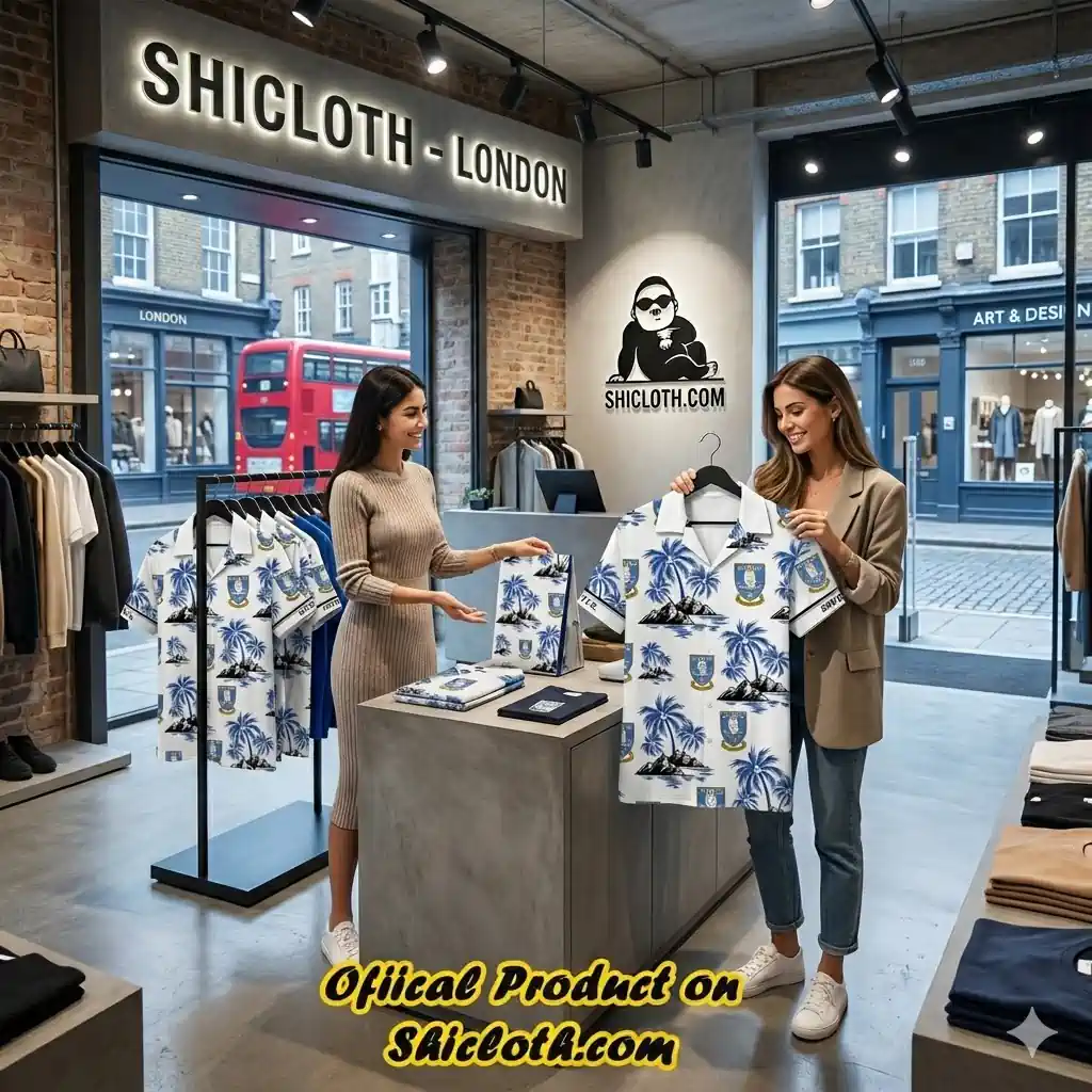 Shicloth store interior with tropical print shirts on display and two women shopping!