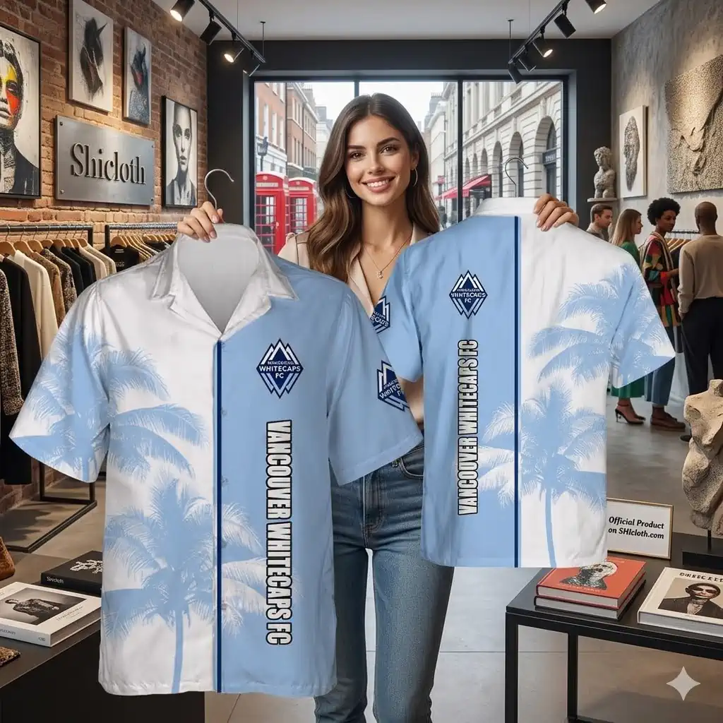 Woman holding Vancouver Whitecaps FC tropical shirt inside Shicloth fashion store!