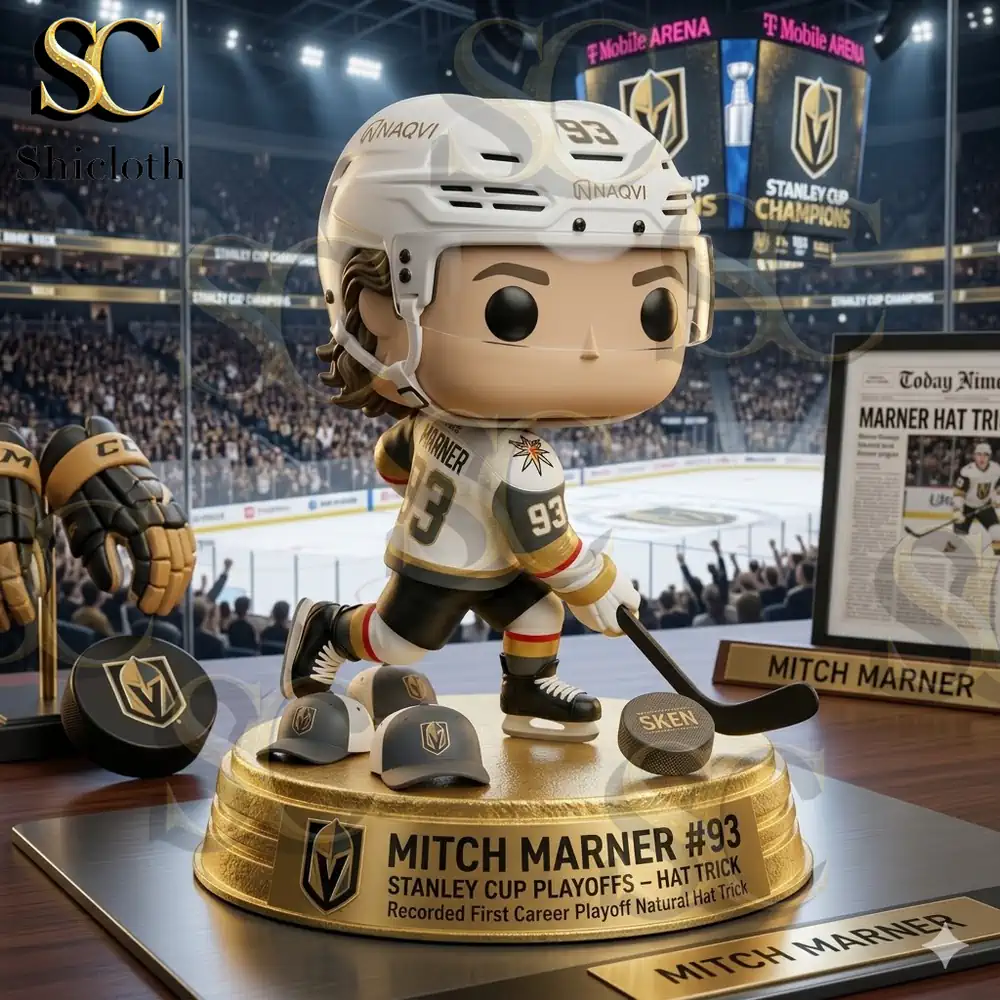 Mitch Marner hockey collectible figure standing on golden base inside Vegas hockey arena!