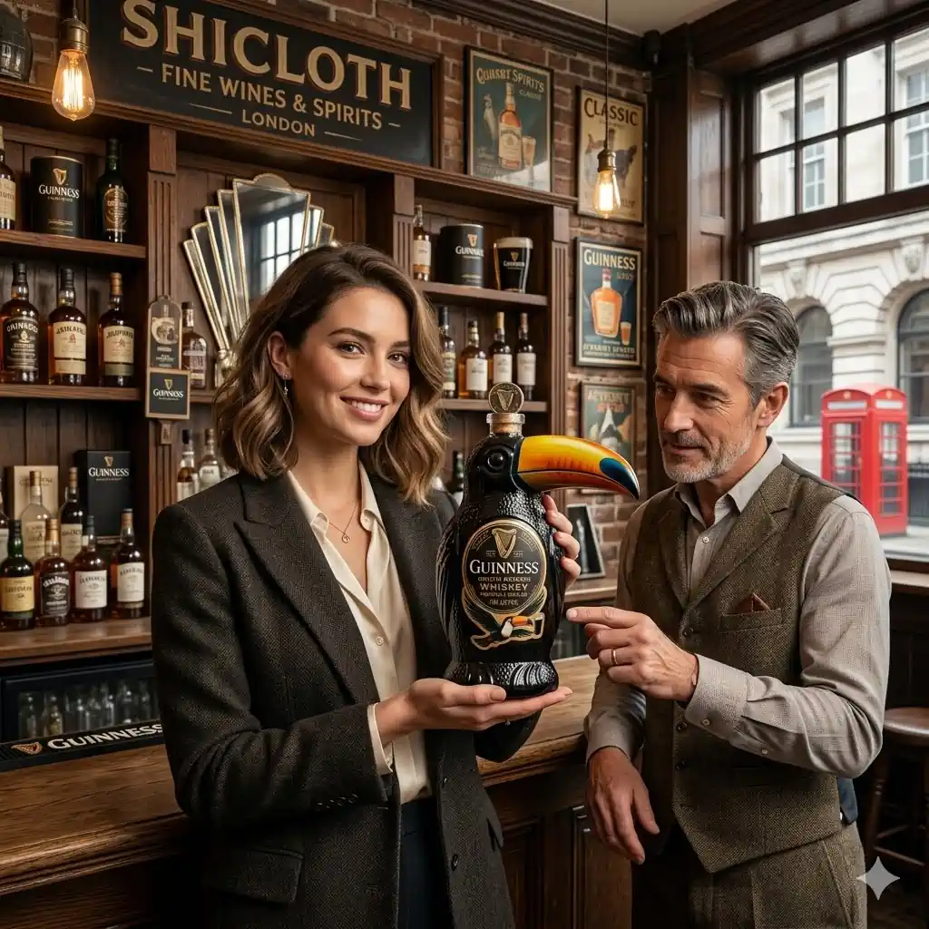 Customers holding Guinness toucan whiskey bottle inside Shicloth spirits shop!