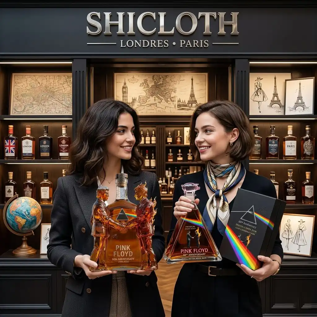 Two women holding Pink Floyd anniversary collector bottles inside Shicloth store!