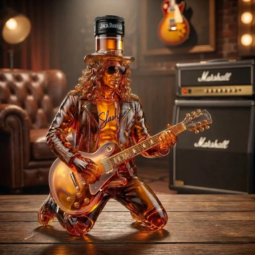 NEW Jack Daniel’s Slash Signature Electric Guitar Whiskey Bottle 5 Amber glass liquor bottle shaped like Slash playing a guitar.