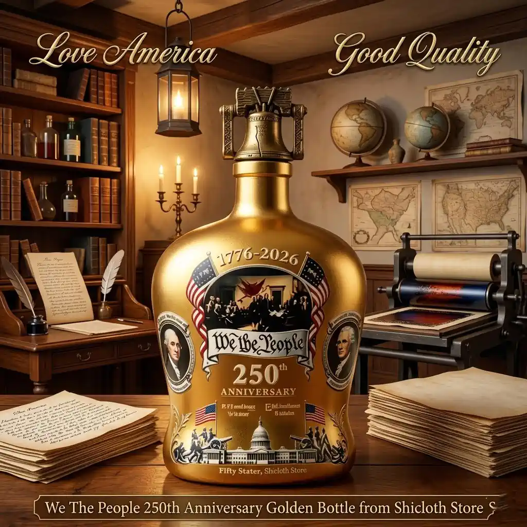 Golden We The People anniversary bottle on vintage desk at Shicloth!