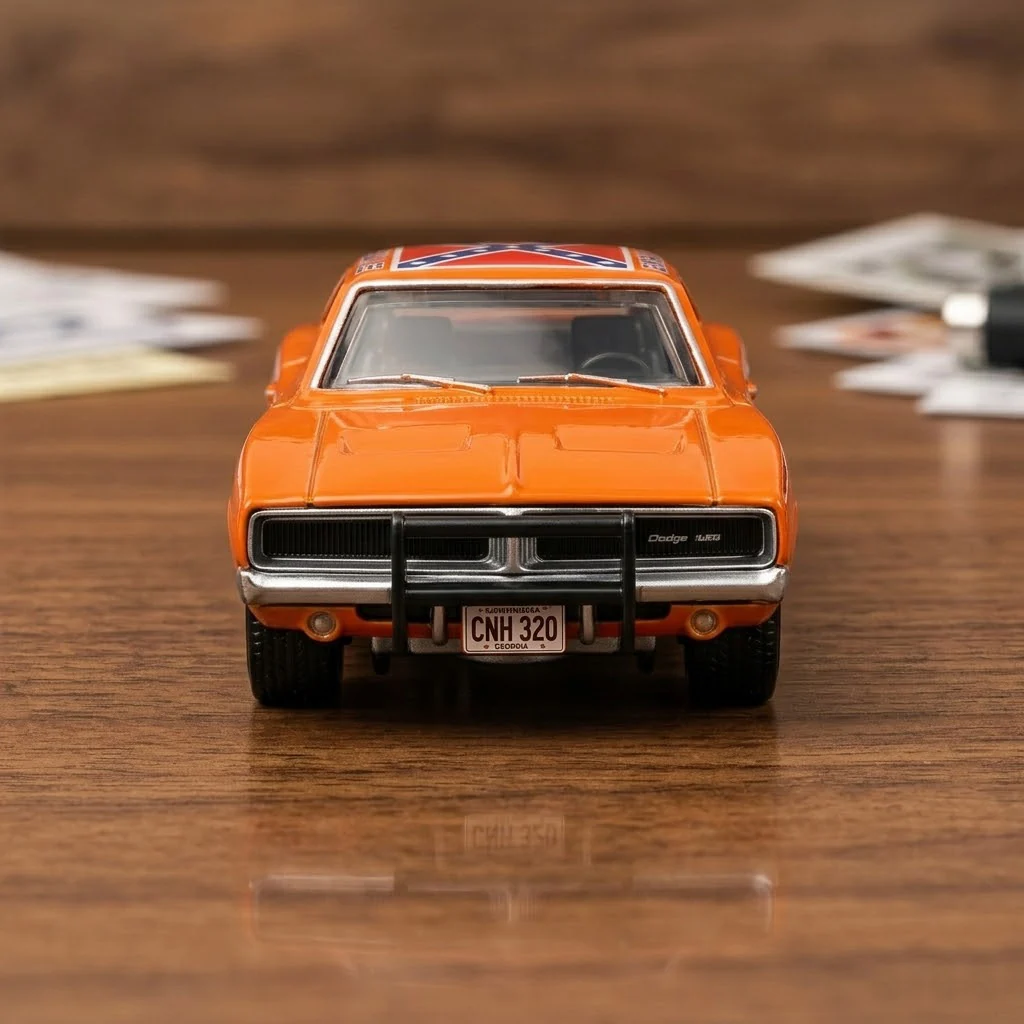 Orange Dodge Charger collectible car front view on wooden table at Shicloth!