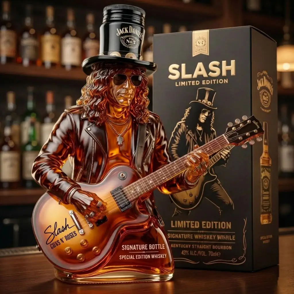 NEW Jack Daniel’s Slash Signature Electric Guitar Whiskey Bottle 6 Jack Daniel's limited edition Slash signature guitar-shaped whiskey bottle.