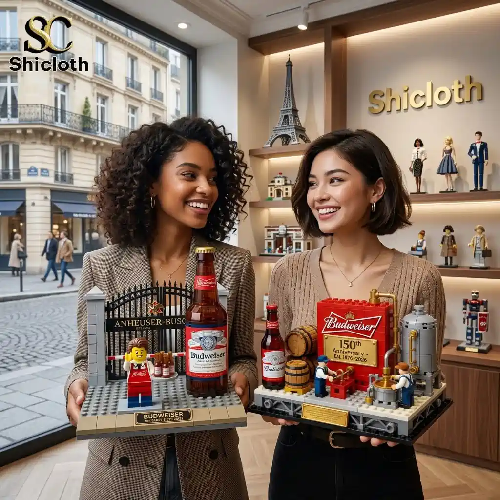 Two women holding Budweiser anniversary collectible brick sets inside Shicloth store!