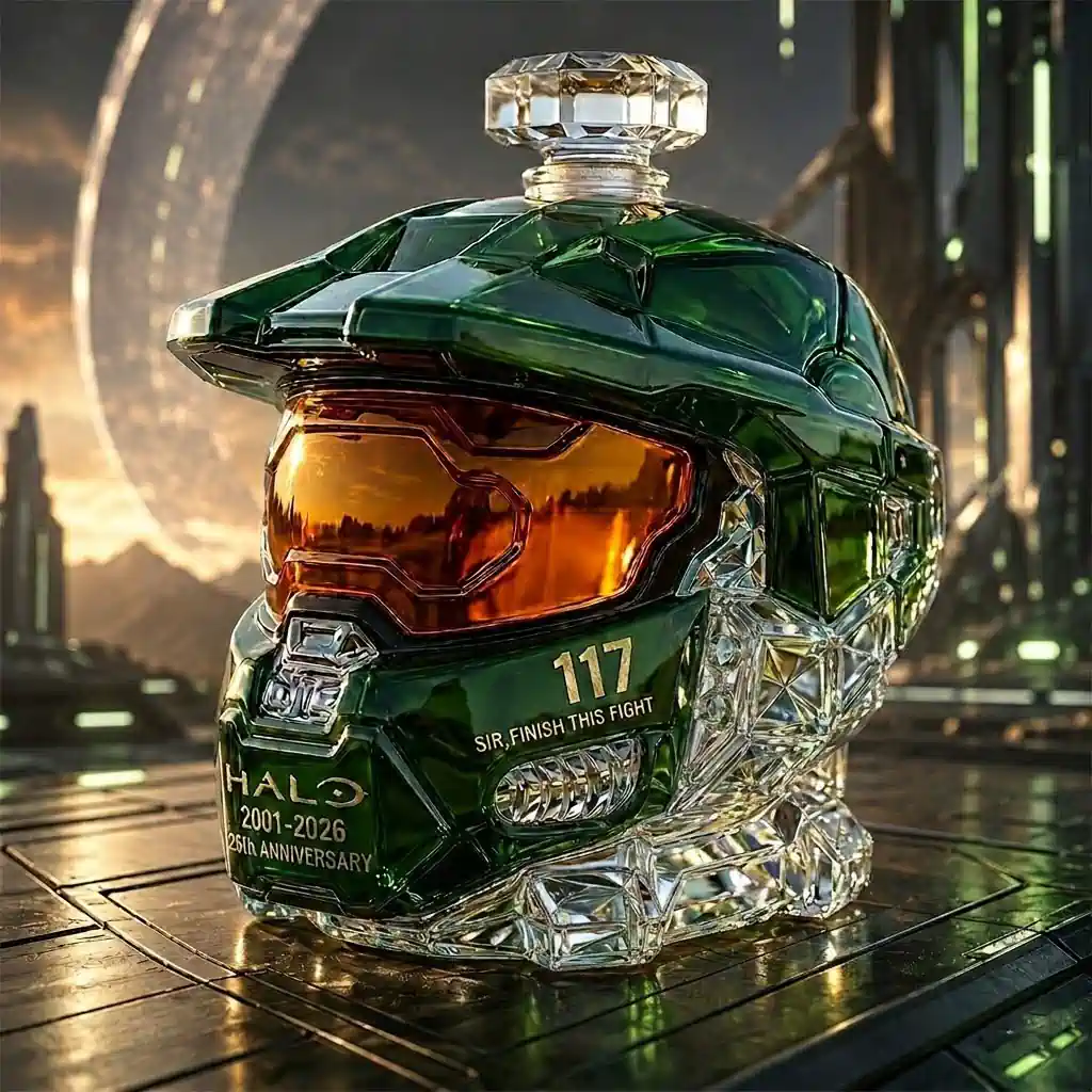 Halo 25th Anniversary 2001-2026 117 Sir, Finish This Fight 3D Bottle 4 Crystal Master Chief helmet decanter for Halo 25th anniversary.