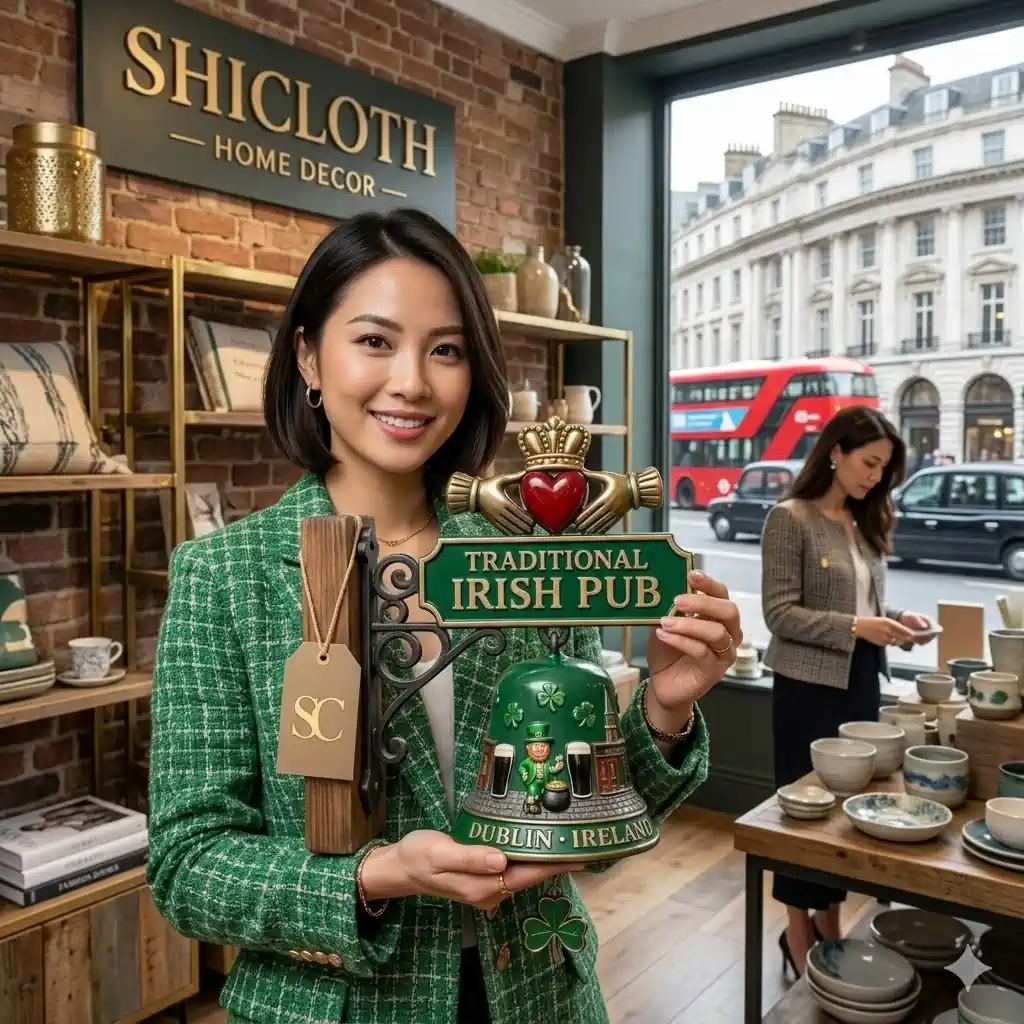 Woman holding Traditional Irish Pub Dublin Ireland decorative hanging bell inside Shicloth store!