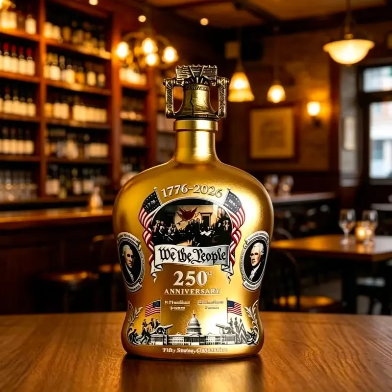 We The People 250th Anniversary Golden Bottle And Glass Combo Set 3 Golden We The People anniversary bottle on wooden table at Shicloth!