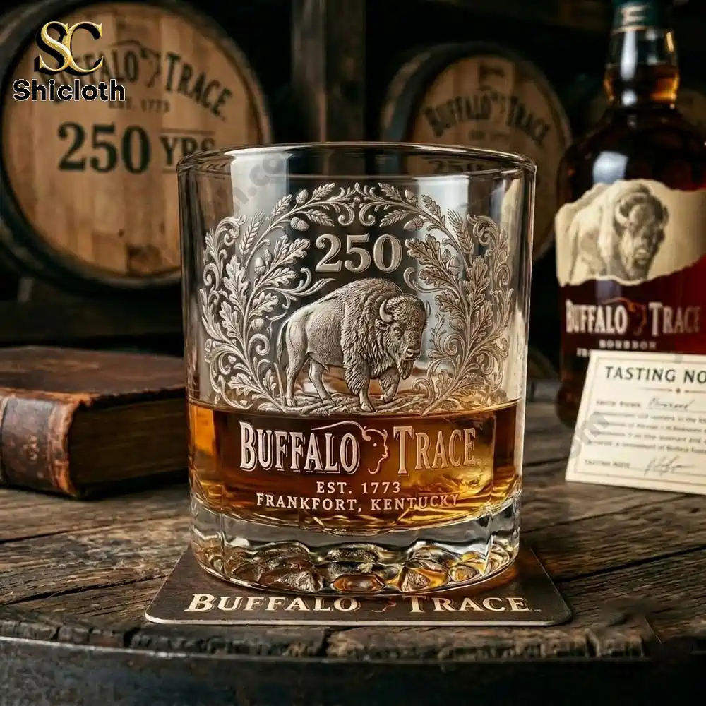 Etched Buffalo Trace 250th anniversary whiskey glass with bourbon