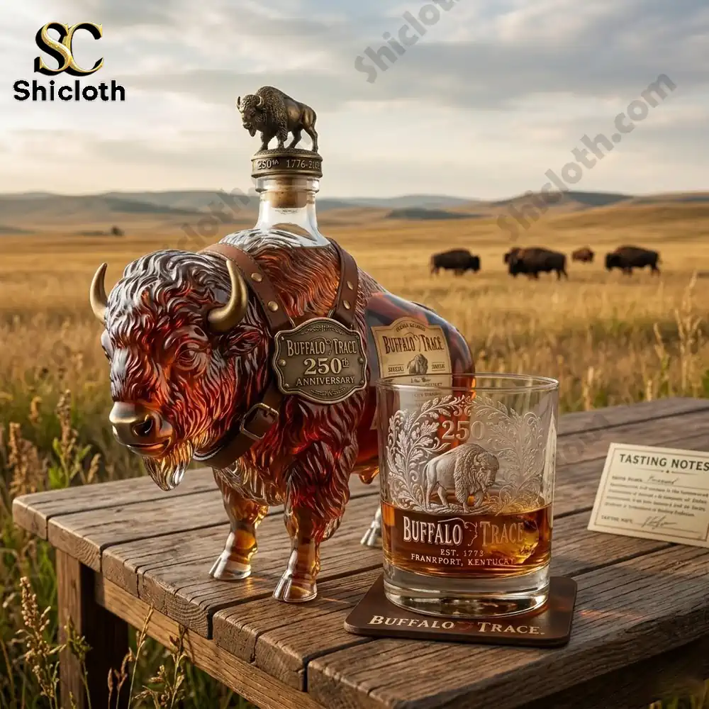 Buffalo Trace 250th Anniversary glass bottle shaped like a bison on a rustic table