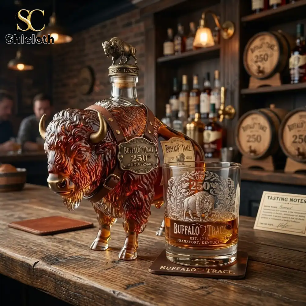 Bison Spirit Buffalo Trace 250 Anniversary Bottle And Glass Set 3 A decorative Buffalo Trace 250th Anniversary bourbon bottle and matching etched glass on a wooden bar.
