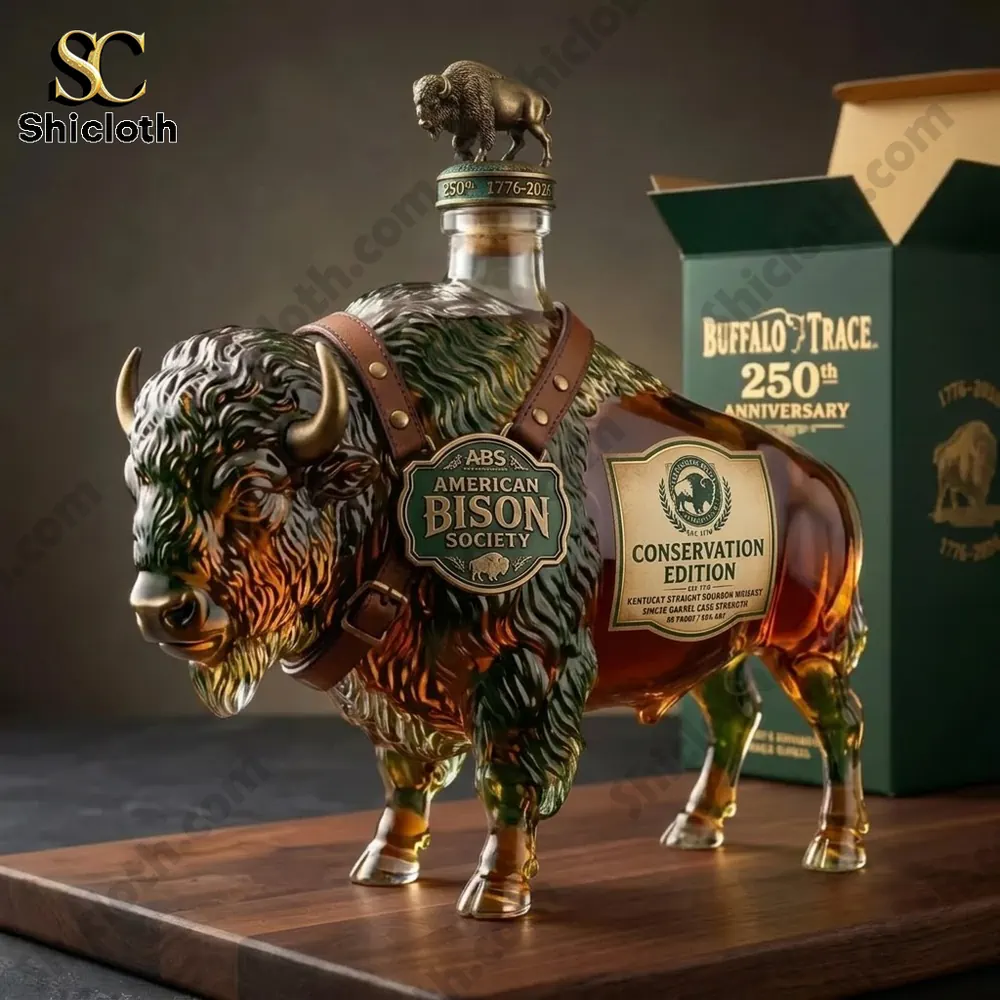 Buffalo Trace 250th Anniversary American Bison Society Conservation Edition bourbon bottle shaped like a bison.
