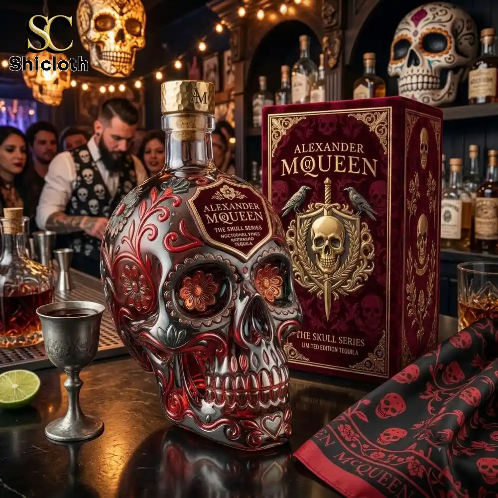 Limited edition Alexander McQueen skull-shaped tequila bottle with ornate red and silver packaging on a bar counter.