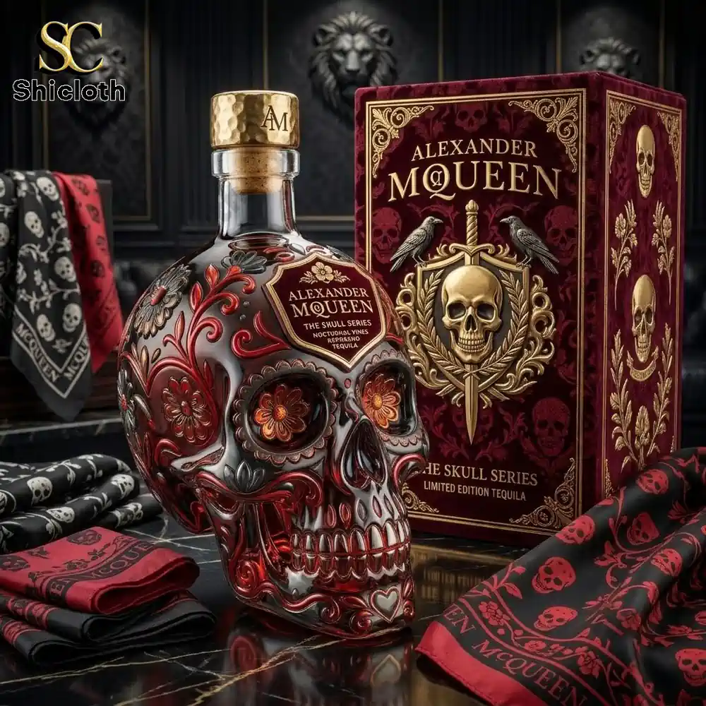 Alexander McQueen limited edition skull shaped tequila bottle and packaging.