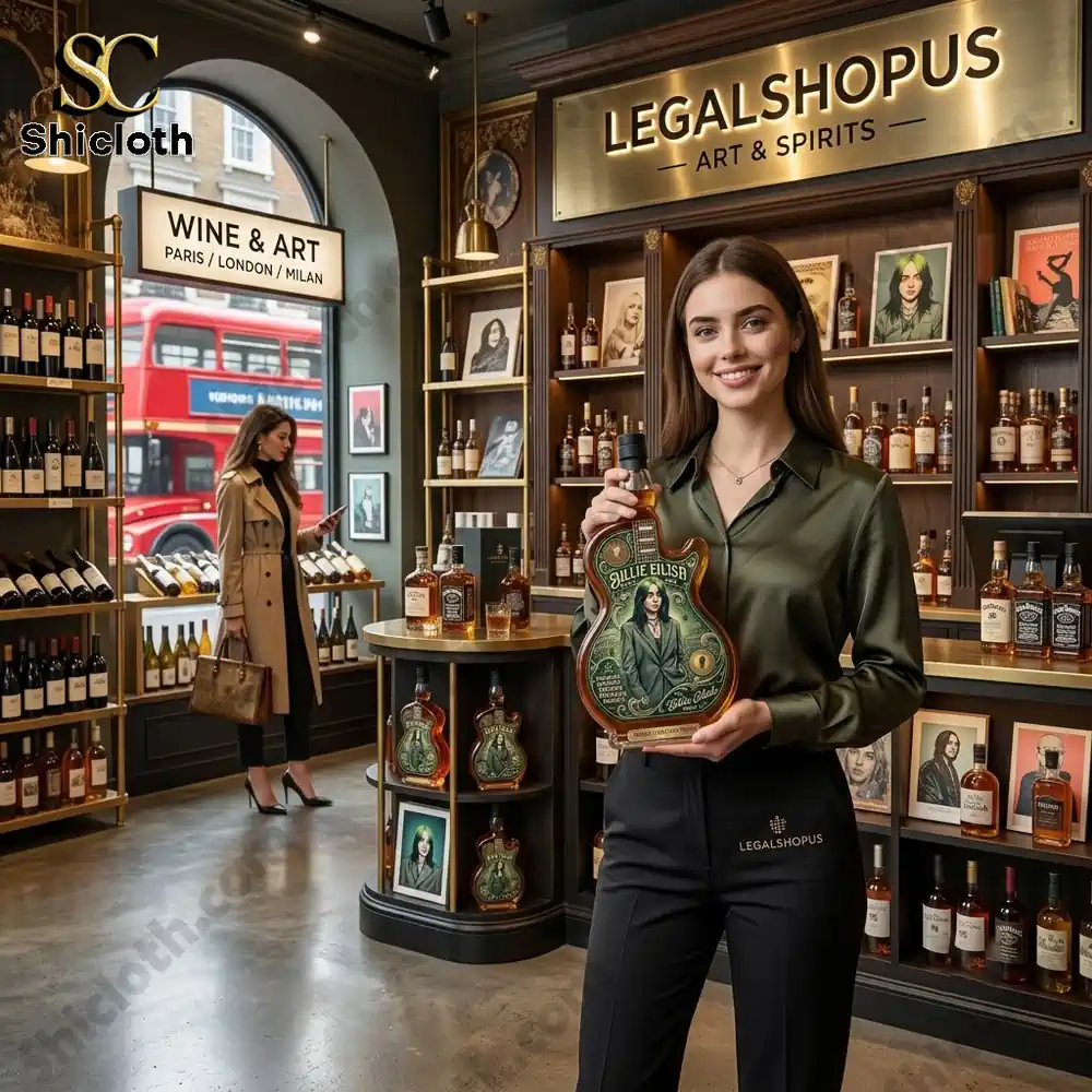 A woman holding a custom guitar-shaped liquor bottle in a boutique art and spirits store.