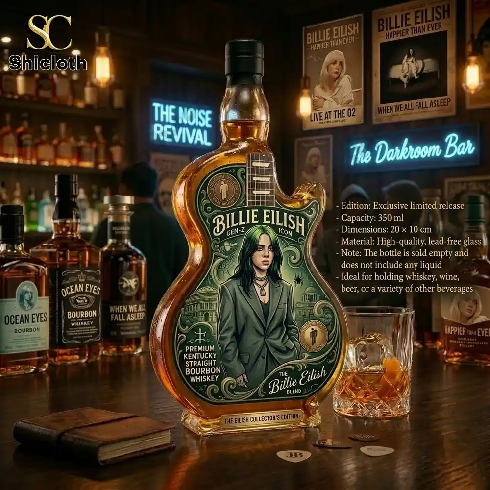 Billie Eilish themed guitar-shaped glass liquor bottle on a bar counter