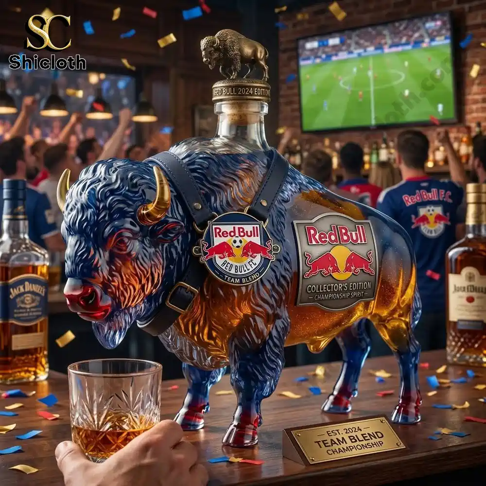 Red Bull 2024 Championship Edition buffalo-shaped glass decanter on a bar.