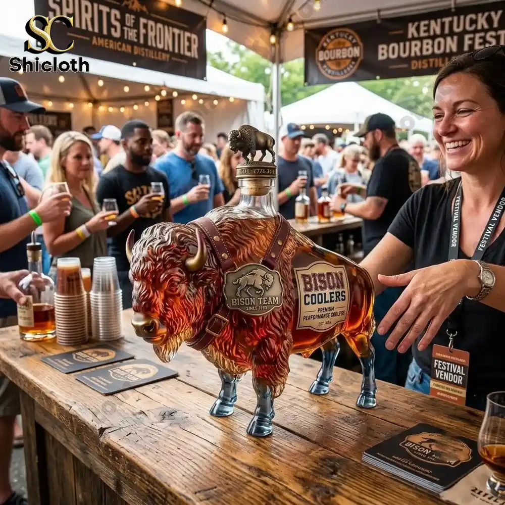 A woman presenting a bison-shaped bourbon decanter at an outdoor spirits festival