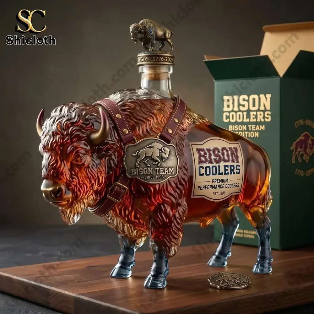 A decorative glass decanter shaped like a bison branded for Bison Coolers on a wooden board.