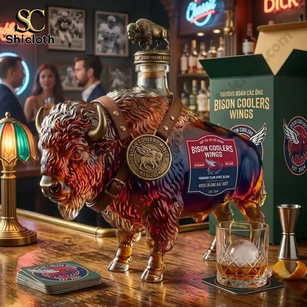 A decorative bison-shaped glass decanter for Bison Coolers Wings premium spirit blend on a bar counter.
