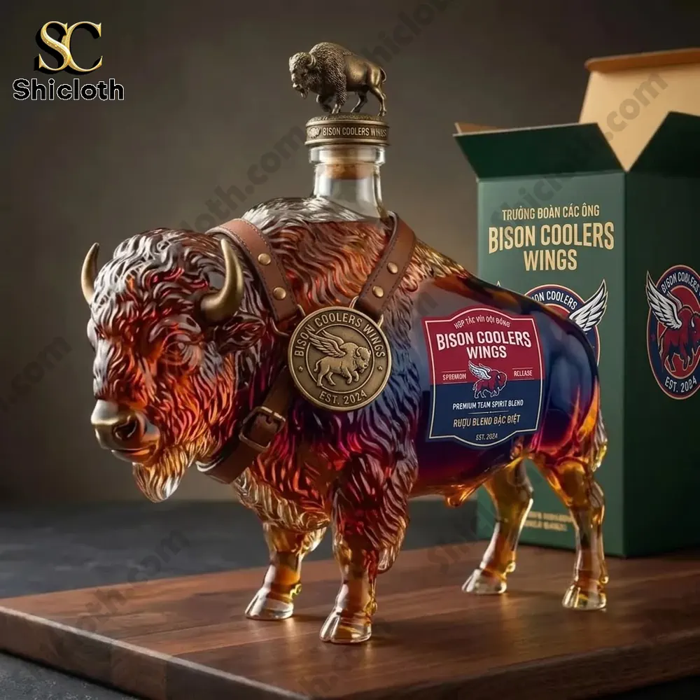 Bison Coolers Wings artisanal glass liquor bottle shaped like a buffalo.