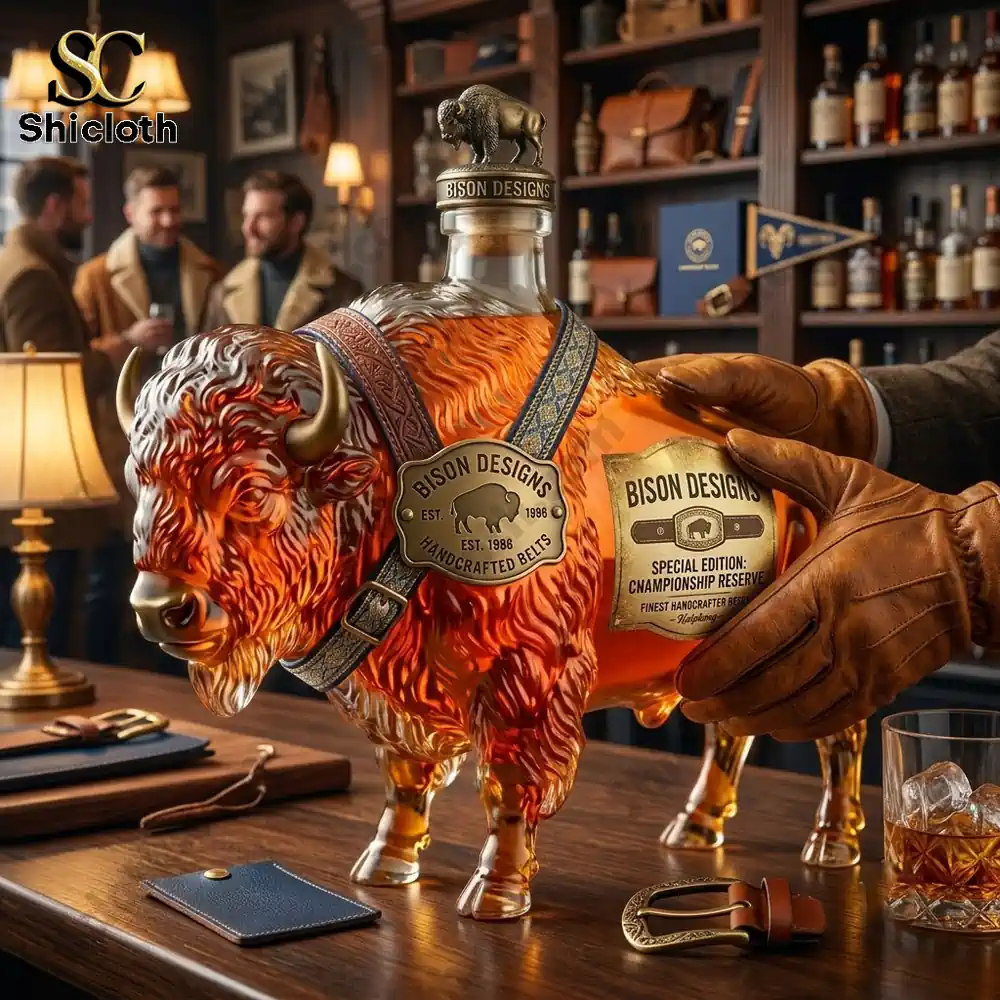 A glass whiskey decanter shaped like a buffalo with Bison Designs branding.