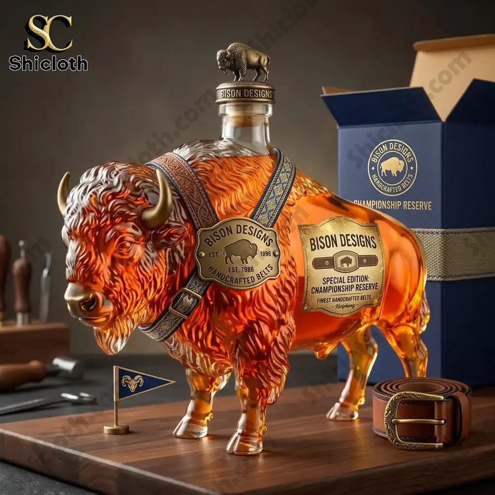 A decorative amber-colored glass decanter shaped like a bison on a wooden cutting board with a leather belt and blue box.