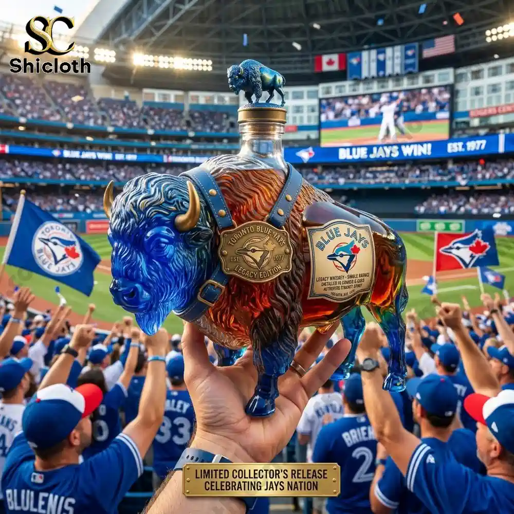 A hand holding a Toronto Blue Jays themed buffalo-shaped whiskey decanter at a baseball game.