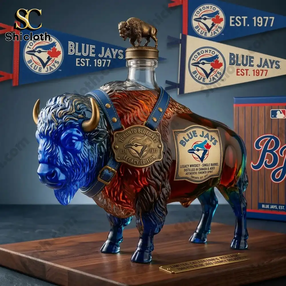 A decorative Toronto Blue Jays themed buffalo whiskey decanter on a wooden display base.