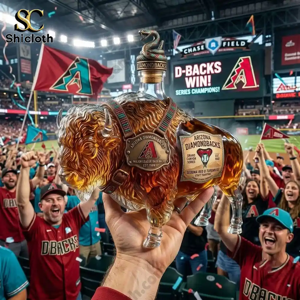 A glass buffalo-shaped decanter featuring Arizona Diamondbacks branding held up at Chase Field during a baseball victory celebration.