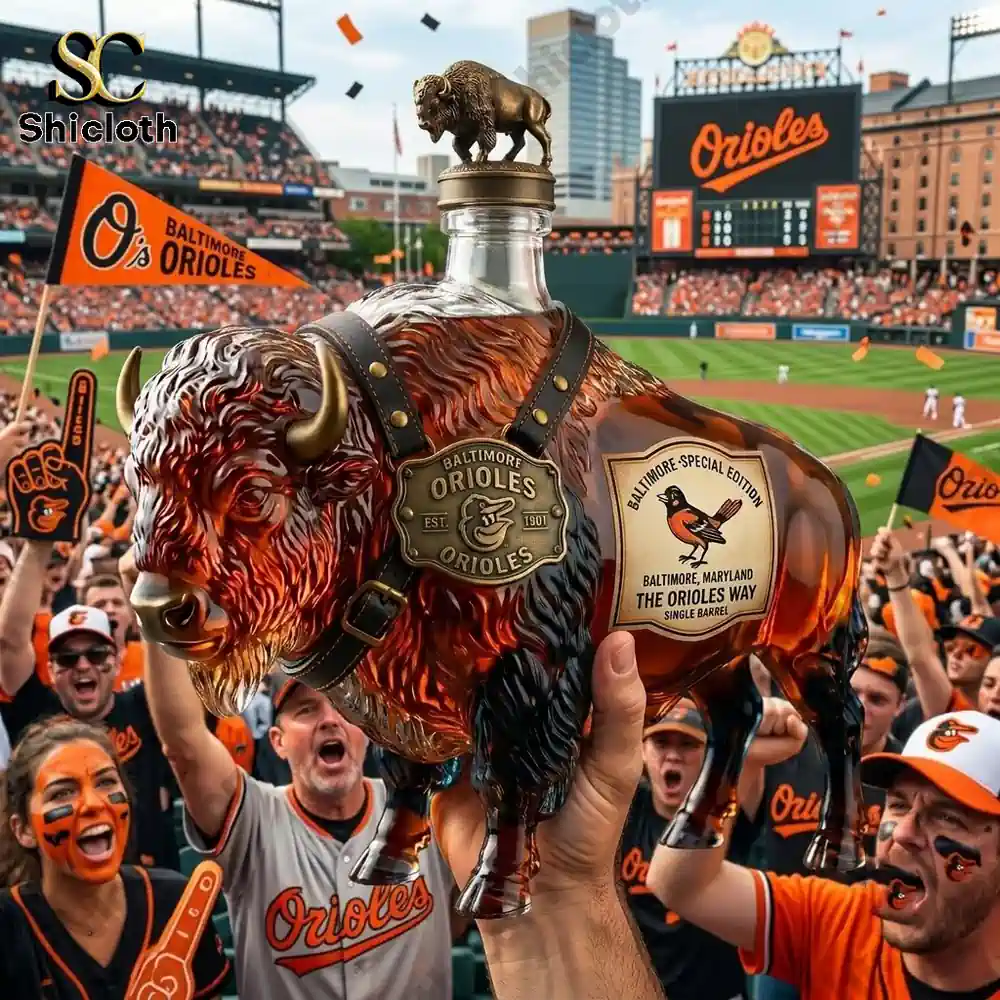 A glass buffalo-shaped decanter themed with Baltimore Orioles baseball branding.